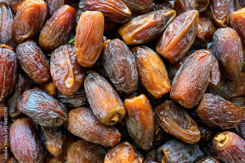 A close-up of fresh dates beautifully arranged for Ramadan, symbolizing Iftar, tradition, nourishment, and Islamic culture, with warm lighting enhancing their natural texture and spiritual significan photo