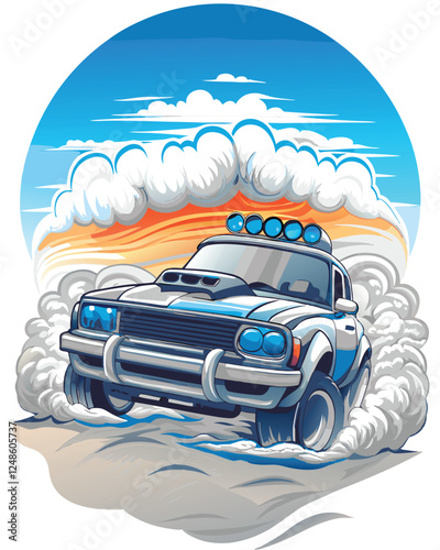A vibrant illustration of a rally car, dust flying, navigating a challenging desert landscape at high speed.