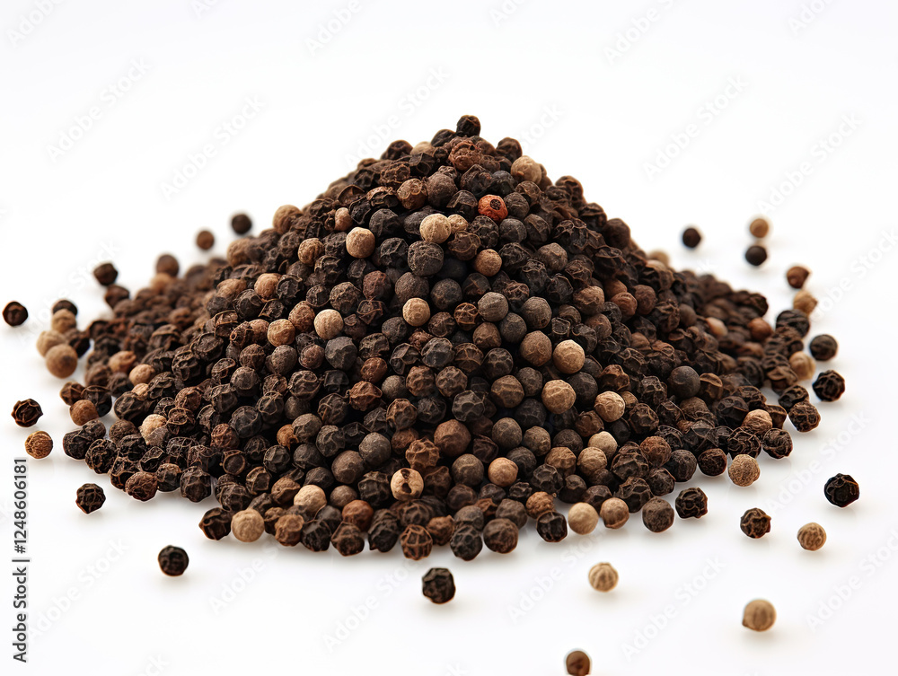 Aromatic Heap of Black Peppercorns on White Background Aromatic Heap of Black Peppercorns on White Background