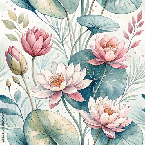 Watercolor lotus flowers and leaves with soft pastel colors.