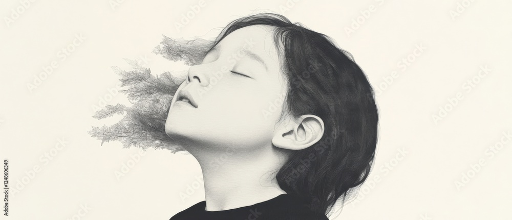 illustration of person with eyes closed and tree blowing next to them. illustration of person with eyes closed and tree blowing next to them.