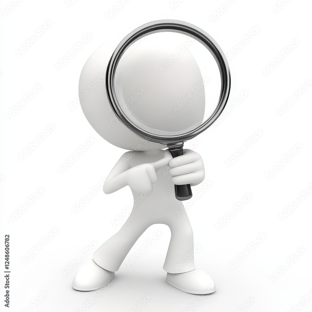 A 3D man is intently looking through a large magnifying glass