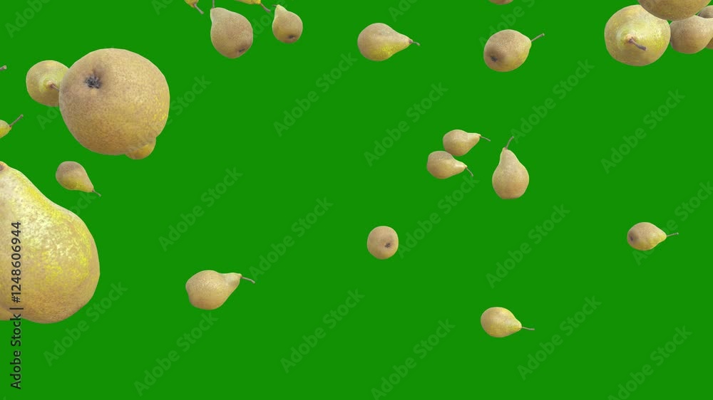 Pear fruit sprinkled on a green screen background 3d rendering. Pear fruit sprinkled on a green screen background 3d rendering.
