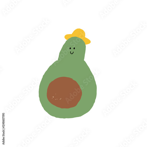 Vector illustration-cute avocado character wearing yellow hat. Naive and childish style