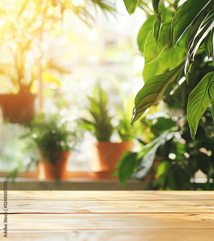 Wooden table for product display or advertising with a background of leaves, trees and natural plants. product display and background advertising Wooden table for product display or advertising with a background of leaves, trees and natural plants. product display and background advertising