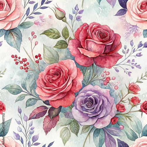 Watercolor rose bouquet with red and purple flowers and green leaves in soft pastel background.