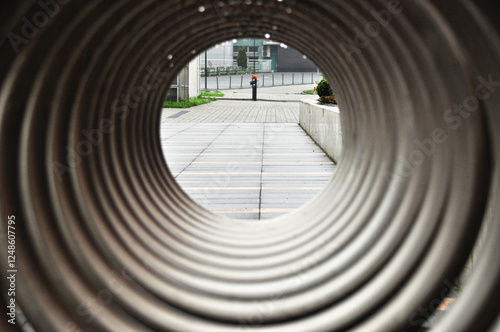 Wet metal frame structure hoops, raindrops on the bike rack photo