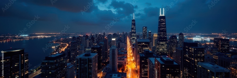 Fototapeta premium Elevated view, Chicago skyscrapers illuminated at night, architecture photography, nightlife, lights