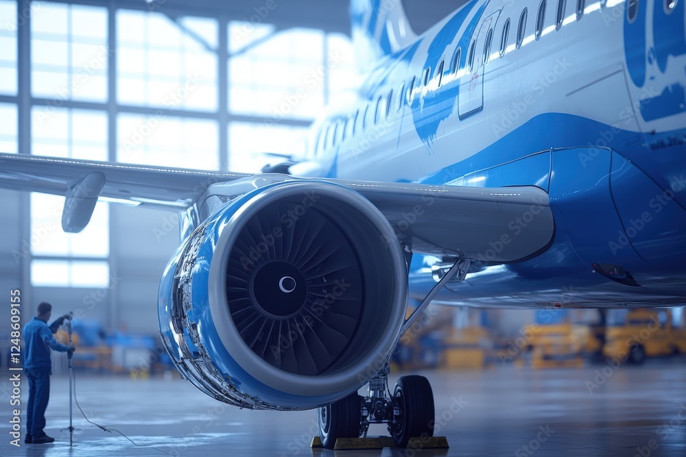 An airplane engine is currently undergoing maintenance in a hangar An airplane engine is currently undergoing maintenance in a hangar