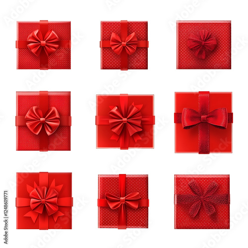 Red gift present box with red ribbon bow collection, isolated on a transparent background photo