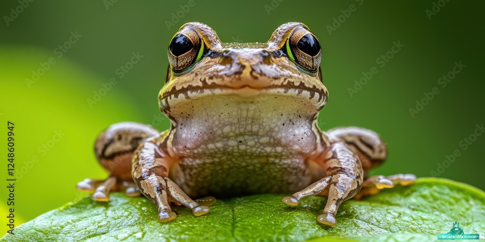 Obraz premium Cute Frog Sitting on Leaf, Smiling at the Camera with Beautiful Background and Sharp Focus Capturing Its Charming Expression in Detail