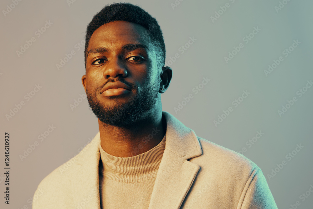 Obraz premium Confident young African man in stylish clothes posing against a soft green background, showcasing modern fashion and self assurance