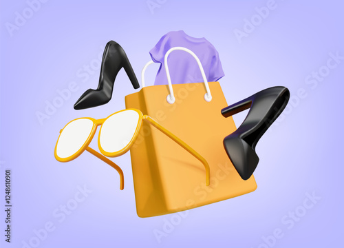 3D vector render illustration of shopping bag icon with sunglasses Yellow high-heeled shoes symbolize buying products with a t-shirt. It represents online fashion shopping that is fun and attractive.