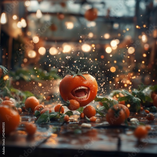 Juicy tomatillo delights burst with flavor as laughter echoes in a magical garden filled with vibrant lights. Generative AI