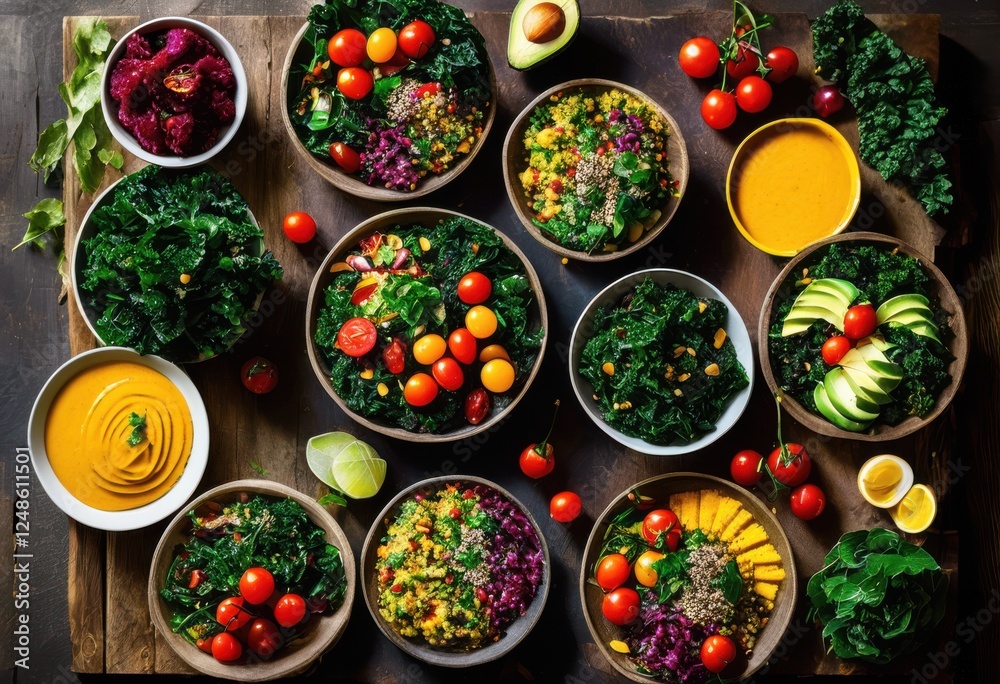 vibrant array colorful plant based dishes showcasing fresh bright wholesome grains stunning culinary presentation, apple, banana, beet, berry, broccoli vibrant array colorful plant based dishes showcasing fresh bright wholesome grains stunning culinary presentation, apple, banana, beet, berry, broccoli