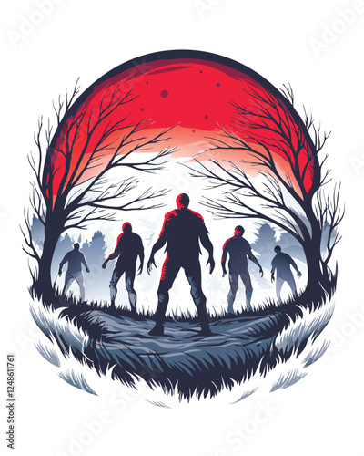 A menacing silhouette of a horde of zombies shambling forward, one clearly in the lead, under a dark, ominous sky.