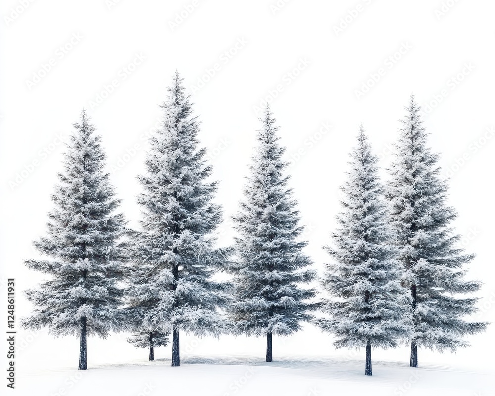 Snow-Covered Pine Trees Isolated on White Background for Winter Holiday Decorations Snow-Covered Pine Trees Isolated on White Background for Winter Holiday Decorations