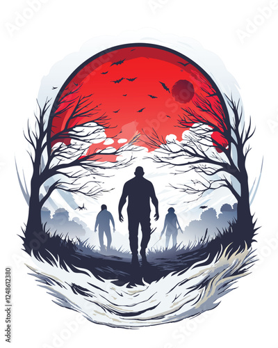 A menacing silhouette of a horde of zombies shambling forward, arms outstretched, under a dark, ominous sky.