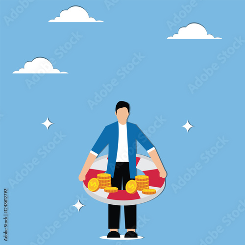 Financial Insurance, Business Insurance, Emergency Aid or Business Support, Businessman's Sleeve Inside Life Preservers and Gold Coins