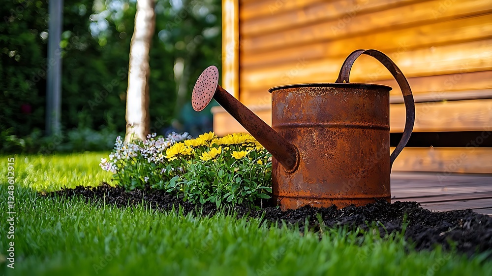 Rusty watering can beside vibrant flowers on a sunny day near a wooden garden shed Rusty watering can beside vibrant flowers on a sunny day near a wooden garden shed