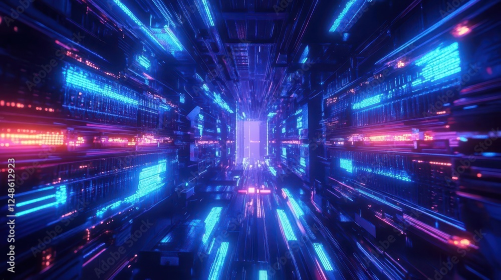 State-of-the-Art Data Center Featuring Rows of Server Racks with Advanced Cooling Systems Under Neon Blue Lighting State-of-the-Art Data Center Featuring Rows of Server Racks with Advanced Cooling Systems Under Neon Blue Lighting