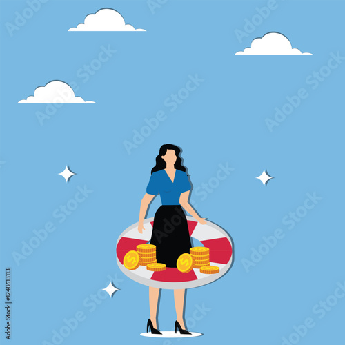 Financial Insurance, Business Insurance, Emergency Aid or Business Support, Businesswoman's Sleeve Inside Life Preservers and Gold Coins