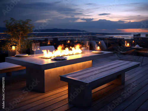 Modern Rooftop Terrace with Fire Table and City View at Dusk