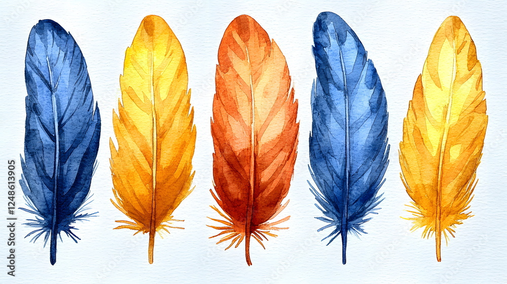 Fototapeta premium Colorful feathers in vibrant blue, gold, and orange tones arranged in a sequence on a light background