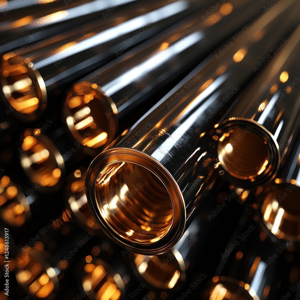 Obraz premium Close-up view of shiny metallic pipes arranged in a dynamic pattern, showcasing reflective surfaces and warm lighting effects