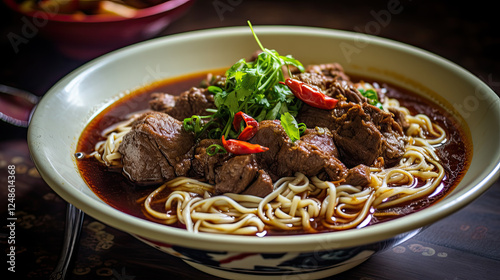 Aromatic Beef Noodle Soup with Chili Garnish