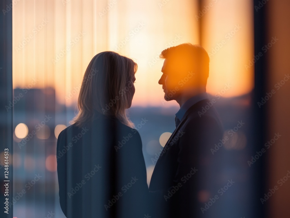 business people looking at each other in front of a sunset business people looking at each other in front of a sunset