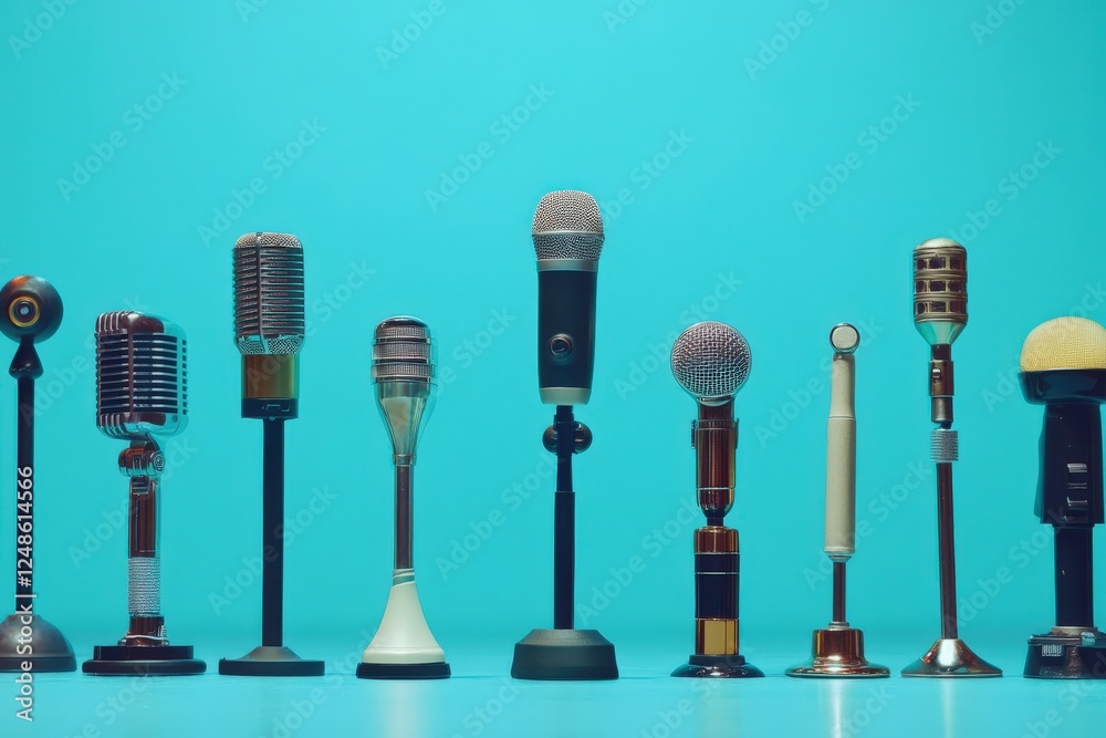 Microphones are arranged in a straight line on a blue surface Microphones are arranged in a straight line on a blue surface