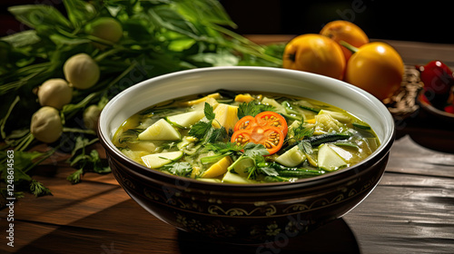 Aromatic Green Vegetable Soup with Hard-Boiled Eggs in Rustic Bowl