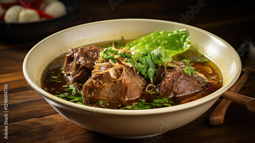 Rich and Savory Beef Stew in a Bowl, Aromatic Spices and Herbs Garnish