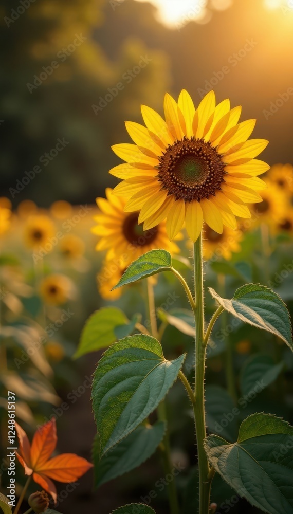 Naklejka premium Rustic sunflowers, fading blooms, autumn leaves, warm light, vibrant, background, high resolution