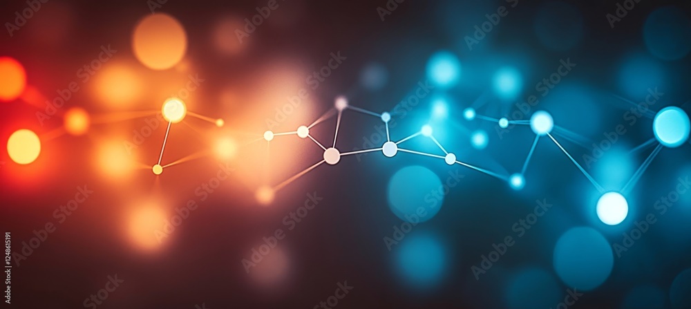 Obraz premium Abstract Network Connecting Blue and Orange Bokeh Lights Glowing Nodes on Gradient Background