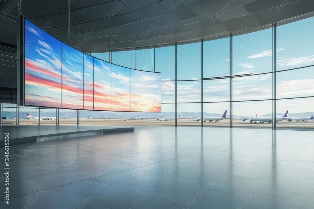 curved digital billboard display in modern airport terminal, floor-to-ceiling windows, passing travelers, planes visible on tarmac, contemporary architecture