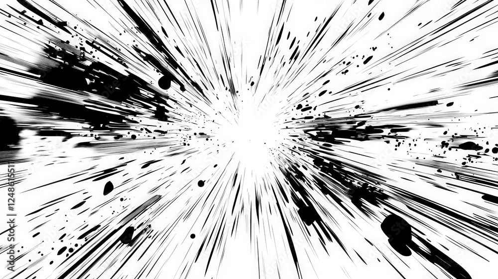 Naklejka premium Dynamic Black and White Abstract Graphic Design with Radial Movement and Ink Splatters