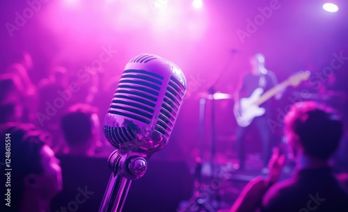 A microphone is placed in front of a large crowd at a concert event