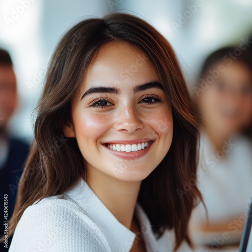 young professional woman smiling in an office setting