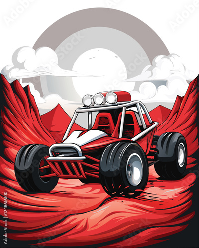 Create a vector illustration of a desert rally race car speeding across expansive sand dunes under a vibrant sun.