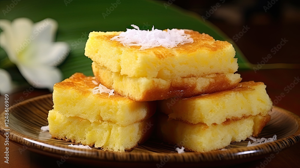 Golden Sweet Coconut Squares Stacked on Rustic Plate