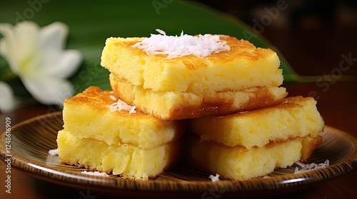 Golden Sweet Coconut Squares Stacked on Rustic Plate