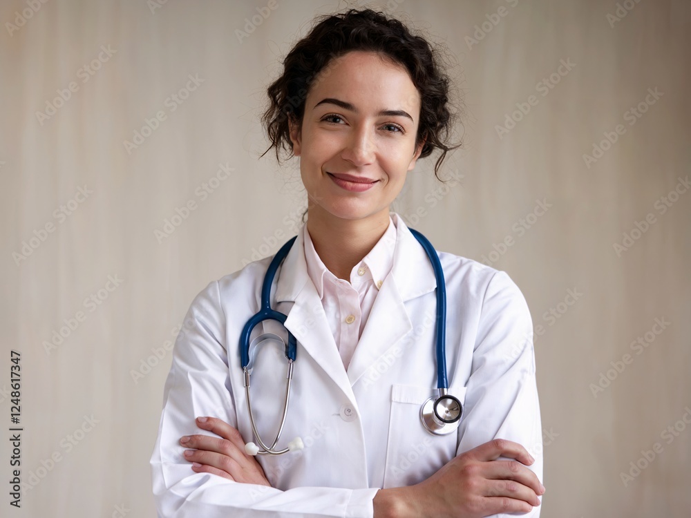 Professional female doctor standing confidently with a stethoscope, symbolizing healthcare, expertise, and compassion. Bright and welcoming atmosphere ensures a professional and approachable impressio Professional female doctor standing confidently with a stethoscope, symbolizing healthcare, expertise, and compassion. Bright and welcoming atmosphere ensures a professional and approachable impressio
