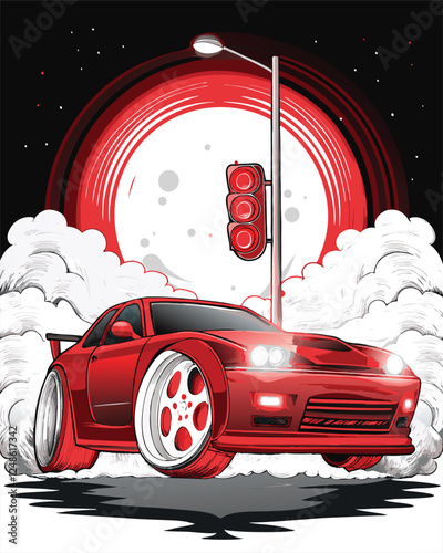 Vector illustration of a street racer car doing a burnout at a red traffic light, tires smoking, detailed, vibrant colors.