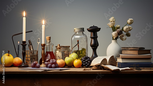 Moody Still Life with Vintage Objects and Fruit