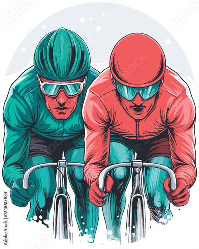 Create a vector illustration of two competitive racers, heads down, incredibly close, battling fiercely for the lead in a race.