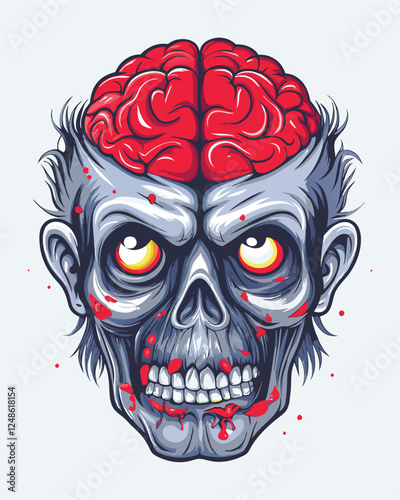 A detailed close-up of a decaying zombie head, revealing exposed brain matter and intensely glowing, red eyes.  High detail, realistic horror.