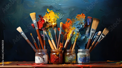 Vibrant Paint Brushes in Glass Jars on Dark Background