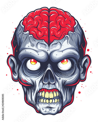 Render a detailed image of a decaying zombie head, showcasing exposed brain matter and intensely glowing, bright green eyes.  Focus on realistic gore and unsettling detail.